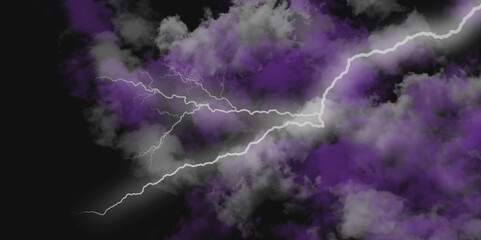 Thunder, lightnings and rain on a stormy summer night in black and white. Lightning bolts in the sky at night. Different lightning bolts isolating on black.  Bright light flare and sparks .
