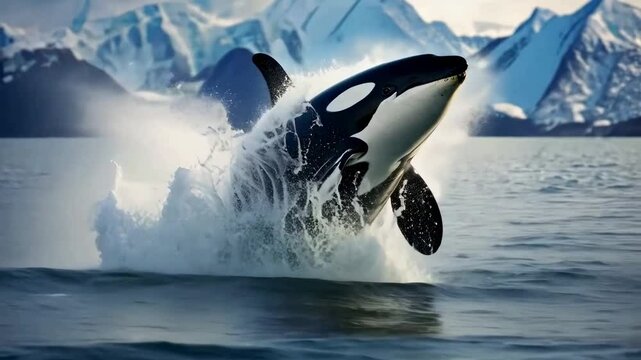 A dynamic video still of an orca breaching the water, captured from a low angle, set against a backdrop of snow-capped mountains and calm sea.
