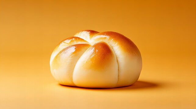 A single, freshly baked bread roll sits on an orange background. The warm tones of the bread contrast beautifully with the backdrop, creating a simple yet appetizing image.