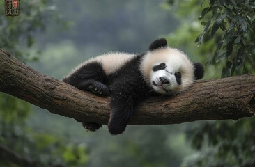 Obraz premium A panda sleeping on the branch of an old tree, surrounded by lush greenery and tall trees