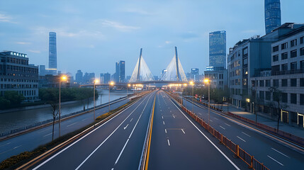 Illuminated Modern City Highway at Dusk with Architectural Landmarks and Cityscape in Background