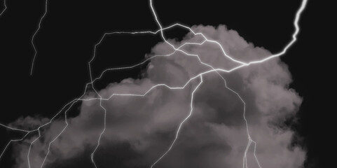 Thunder, lightnings and rain on a stormy summer night in black and white. Lightning bolts in the sky at night. Different lightning bolts isolating on black.  Bright light flare and sparks .
