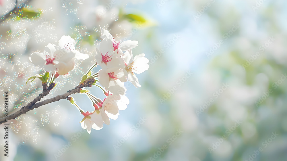 Poster dreamy closeup of white and pink cherry blossoms on branch in soft focus with blurred background and