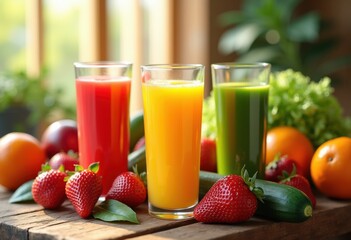 brightly colored fresh fruit vegetable juice displayed wooden table surrounded whole fruits vegetables, beverage, drink, smoothie, liquid, hydration