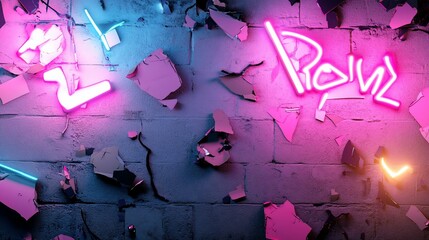 Neon signs on a crumbling brick wall