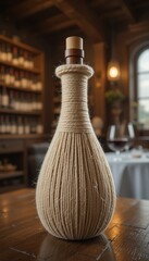 Elegant Rope Wrapped Wine Bottle on Wooden Table in Wine Cellar