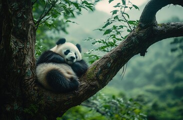 Obraz premium A panda sleeping on the branch of an old tree, surrounded by lush greenery and tall trees