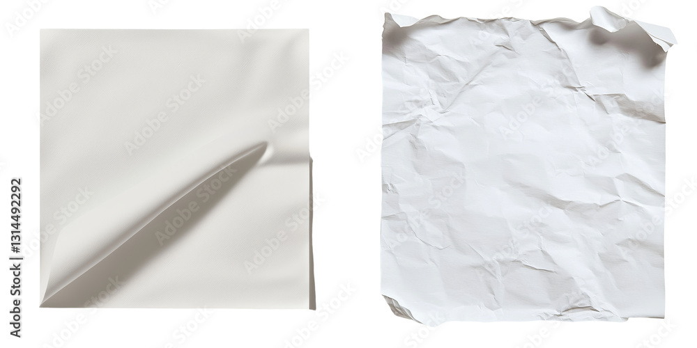 Aufkleber The image depicts a solitary white paper sheet with a curled edge, placed on a simple surface, making it suitable for mockups or innovative presentations, characterized by its minimalist design and