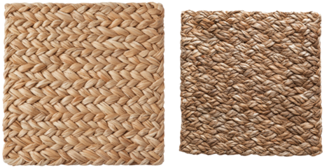 A square woven rattan mat is displayed in close-up detail, revealing the intricate craftsmanship and natural materials used in its construction, perfect for adding a touch to home decor or for use as