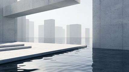 Obraz premium Futuristic brutalist megastructure with overlapping concrete layers, dystopian cityscape, raw industrial style