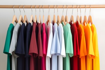 Closeup of Diverse Colorful Clothing Collection Hanging on Wooden Rack
