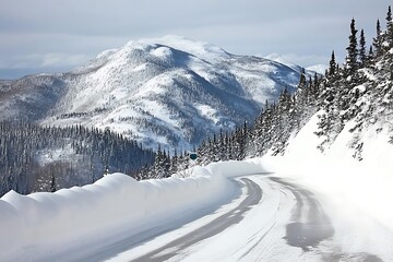 Snowy mountain road winding through winter landscape