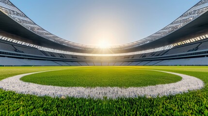Industrial brutalist stadium with reinforced concrete beams, open-air modernist architecture, geometric symmetry