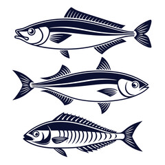 Fototapeta premium Fishing Vector Silhouettes of Barracuda, Halibut, Anchovy, and Flounder