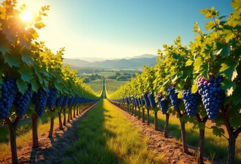 Fototapeta premium bountiful vineyards full ripe grapes bathed warm summer sunshine under clear blue skies, abundance, agriculture, azura, berry, blossoming, countryside