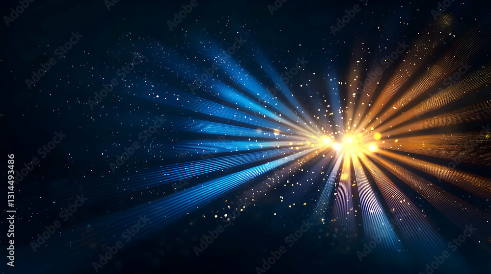 Poster abstract background with blue and gold light rays emanating from a central point creating a dynamic 