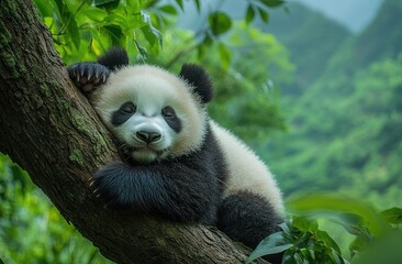 Obraz premium A panda sleeping on the branch of an old tree, surrounded by lush greenery and tall trees
