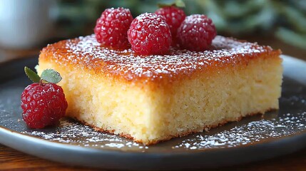 Delicious dessert featuring a slice of cake topped with fresh raspberries and powdered sugar.