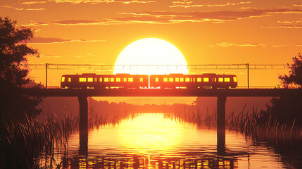 Obraz premium A stunning anime-style illustration of a train crossing a bridge during sunset, with a glowing golden sun reflecting off the water, creating a warm and nostalgic atmosphere.
