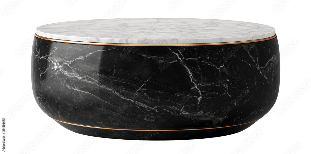 Poster a round marble pedestal with a sleek gold border is showcased, its luxurious design rendering it sui