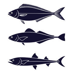 Fototapeta premium Set of Black Silhouettes Featuring Barracuda, Halibut, Anchovy, and Flounder