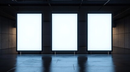 Dramatic exhibition hall with bright vertical screens illuminating modern design concepts and clean illuminated panels. 3D rendering.