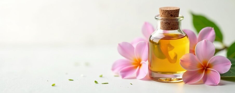 Close-up of a bottle of monoi oil and delicate flowers on a white background, cosmetic, luxury