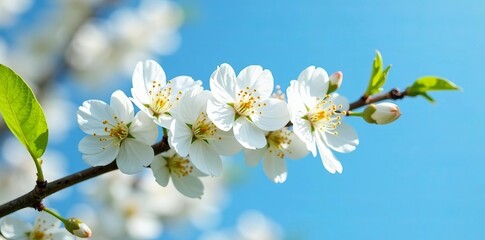 Close-up of a branch covered in beautiful white flowers against a blue sky, blooming, elegant