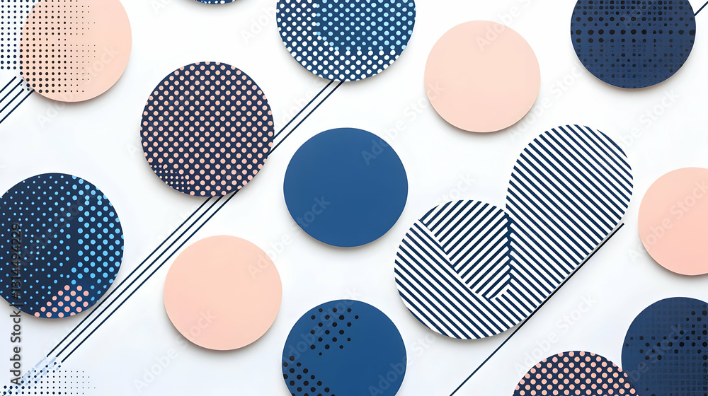 Poster abstract flat lay of pink and navy blue geometric shapes and patterns on white background