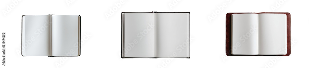 Poster An open notebook with a brown cover and minimal design has empty pages for notes, sketches, or journaling, isolated on a transparent background and available as a png