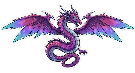 A vibrant, stylized dragon with colorful wings and a serpentine body.