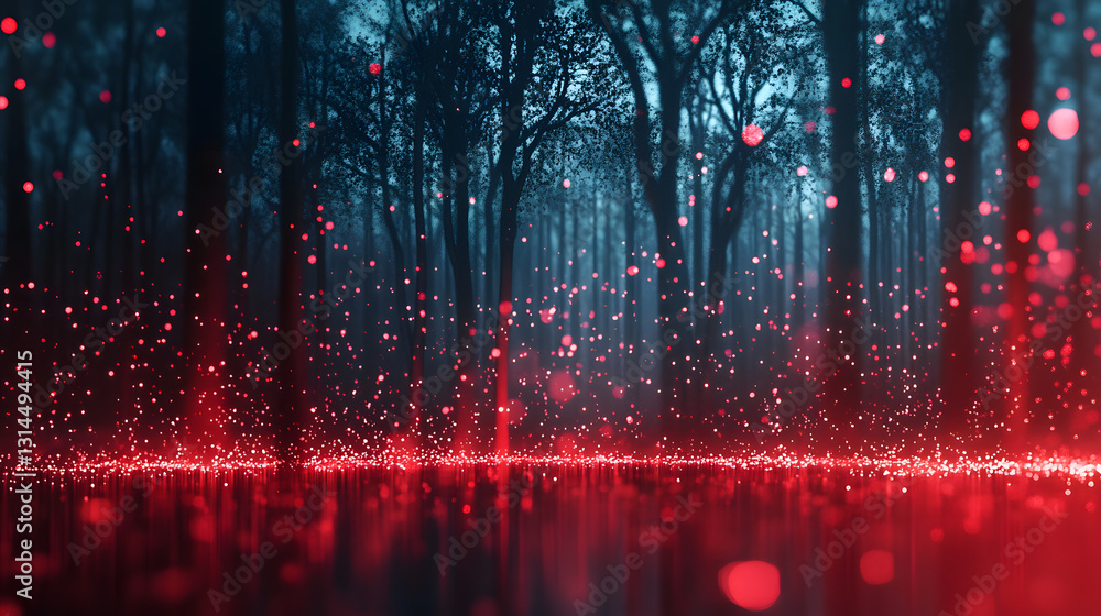 Poster mysterious forest with glowing particles in red and blue tones