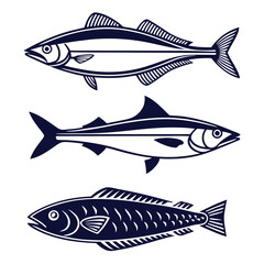 Black Silhouette Set of Barracuda, Halibut, Anchovy, and Flounder