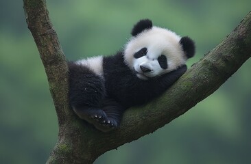 Obraz premium A panda sleeping on the branch of an old tree, surrounded by lush greenery and tall trees