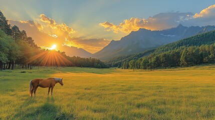 Naklejka premium Sunset Serenity: A lone horse silhouetted against a majestic mountain range at golden hour, painting a picturesque landscape of tranquility and natural beauty.