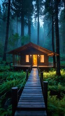 Cozy Wooden Cabin in a Mystical Forest with Warm Lights at Dusk