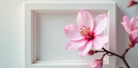 Close-up of a delicate blossom encased within a simple white frame, bloom, minimal