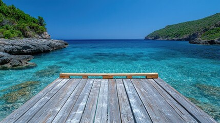 Fototapeta premium Serene Coastal Wooden Dock at Mediterranean Sea