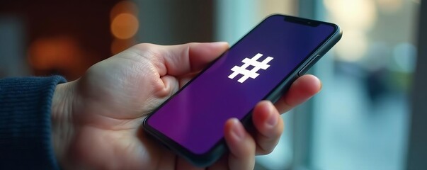 Close-up of a hand holding a smartphone with a stylish manicure and a hashtag social media icon on the screen, digital content creator, luxury
