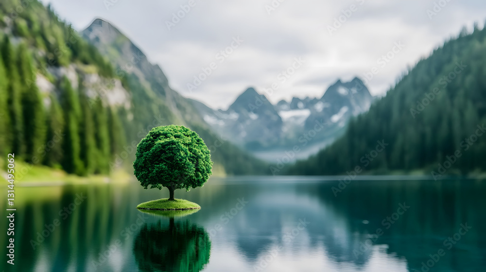 Poster isolated tree on a small island in a serene lake surrounded by mountains