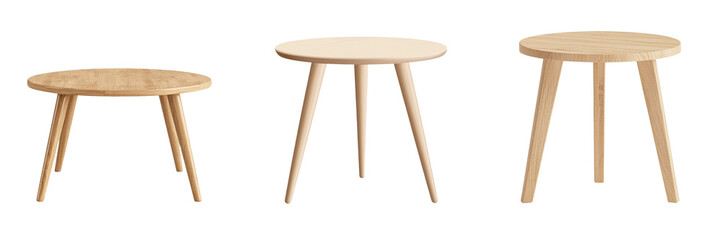Featuring a natural wood grain, this contemporary wooden stool has a round top and three sturdy legs, making it suitable for modern home and office interiors, and is presented isolated on a