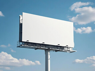 A blank white mockup background texture of a large billboard isolated against the blue sky in natural sunlight. Copy space for commercial advertisement display or shop sign on the side of the highway.