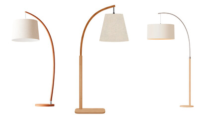 Featuring a wooden base and a beige shade, this modern arc floor lamp is a paragon of minimalist design, perfectly suited to enhance the lighting decor of any home or office, captured on a