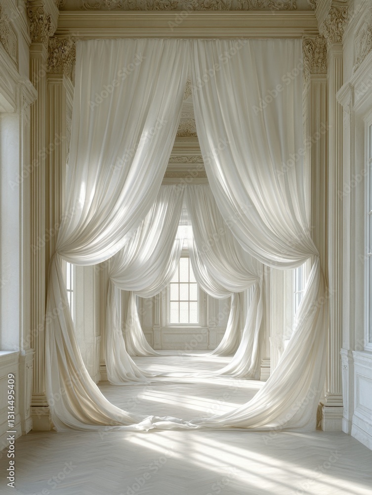 Poster serene white draped hall with sunlight streaming through windows creating an ethereal and elegant at
