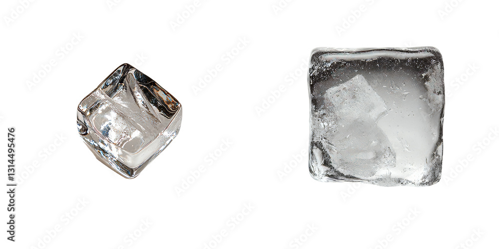 Aufkleber Frozen water is depicted as a cube covered in small droplets and having a textured surface, conveying a sense of freshness and coolness, all on a transparent background in a png file
