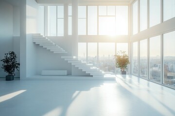 Obraz premium Bright modern apartment with staircase and city view showcasing minimalist design and natural light creating a serene and spacious interior atmosphere