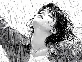 Fototapeta premium Woman enjoying rain with closed eyes against gray background