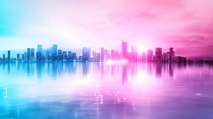 Fototapeta premium City skyline reflecting in water with vibrant pink and blue hues