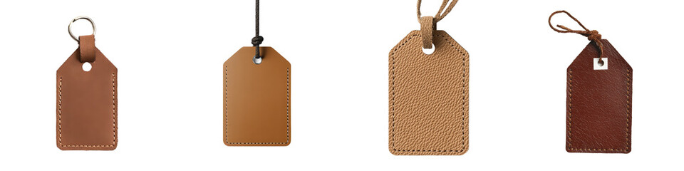Brown leather tag with a rustic and premium feel, featuring visible stitching, is suitable for various applications including branding, luggage identification, and decoration, isolated on a