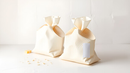 Bolsas de queso rayado empacado con etiqueta blanca en un fondo de estudio blanco